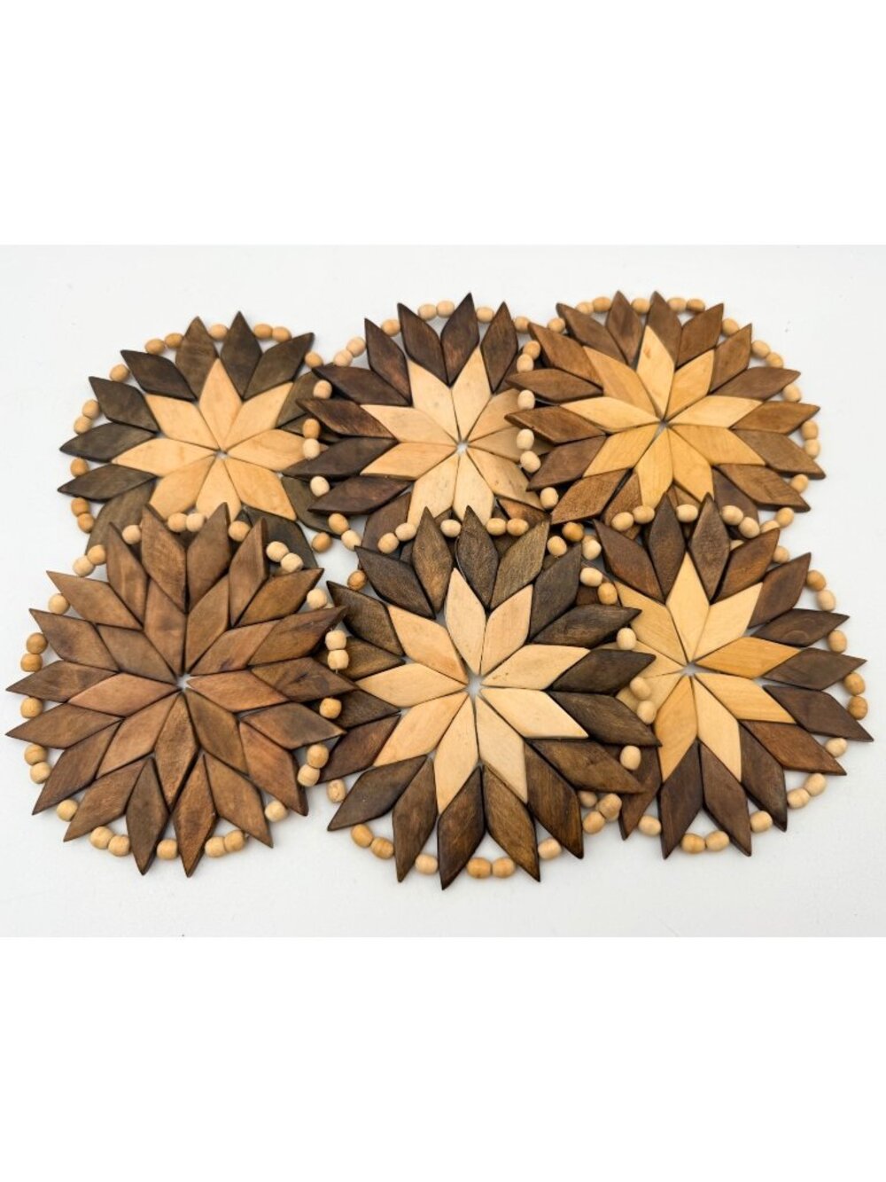 Wooden Star Patterned Coasters Handcrafted Geometric Inlay Beaded Border Set 6